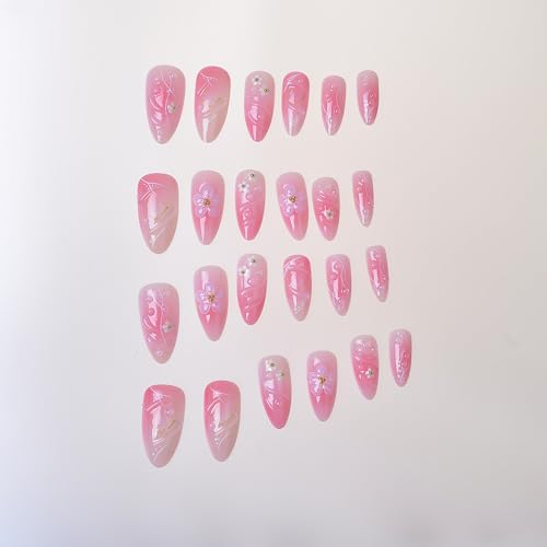 TEEKME Almond Press on Nails Pink Butterfly & Floral 3D Gold Details TK-031