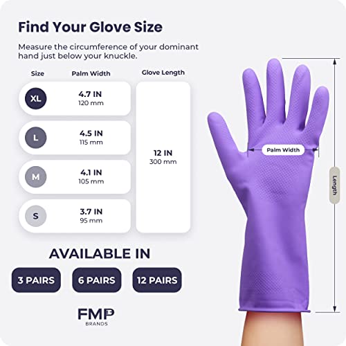 FMP Brands Waterproof Rubber Dishwashing Gloves, Purple, Medium (3 Pairs)