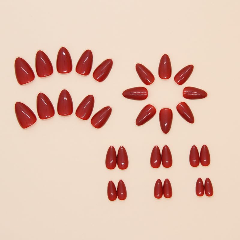 elarossa Short Red Almond Press on Nails, French Tip Fake Nails with Glue