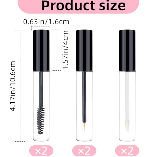 ZNBSIXP 6PCS Empty Mascara, Eyeliner and Lip Gloss Tubes Set, 10ml DIY Cosmetic Containers with Rubber Inserts, Black