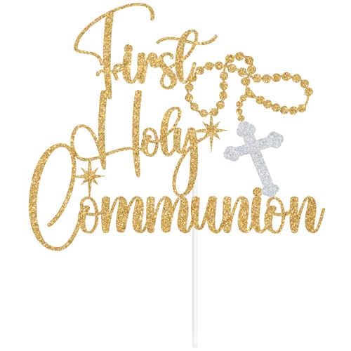 Gold Glitter First Holy Communion Cake Topper - Rosary Cross Design