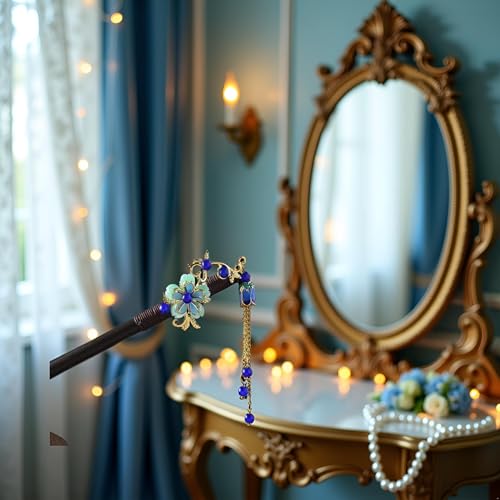 Blue Vintage Wooden Hair Stick with Tassel Flower Hairpin for Women