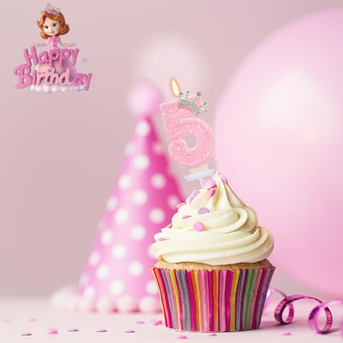 Pink Number 5 Crown Candle - Princess Birthday Decor