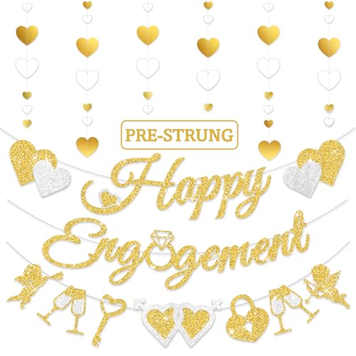 Gold Glitter Happy Engagement Banner with Heart Garland
