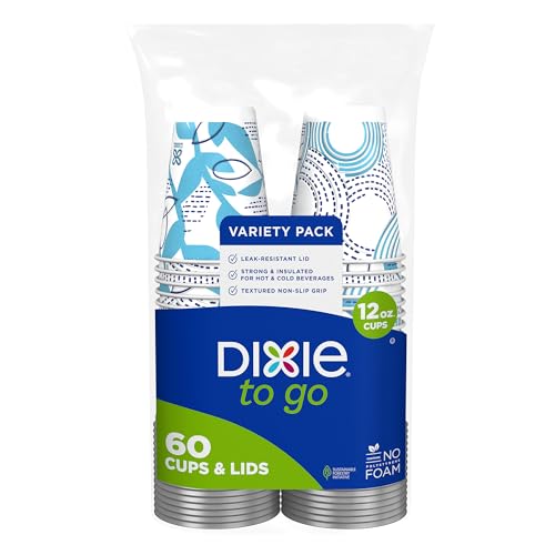 Dixie To Go Disposable Paper Cups with Lids, 12 oz, 60 Count