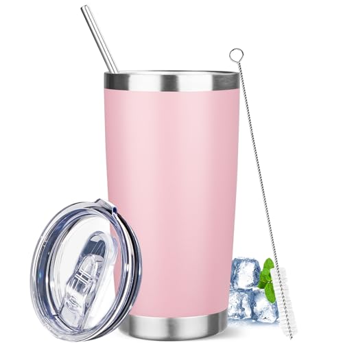 20 oz Pink Stainless Steel Insulated Tumbler with Lids & Straws