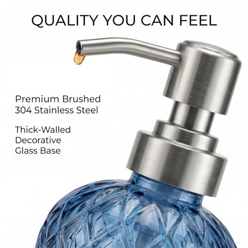 Blue Glass Soap Dispenser with Coaster - 14 Oz Rust-Proof Pump