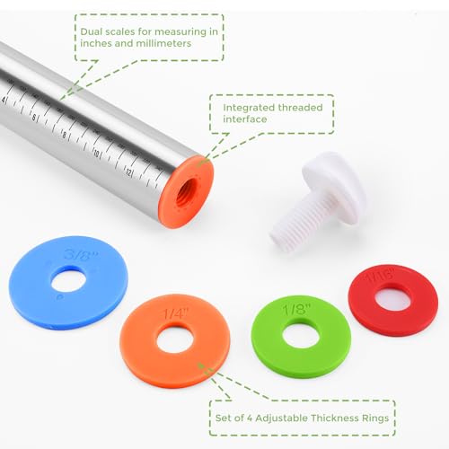 AOAONIU 17-Inch Adjustable Stainless Steel Rolling Pin with Thickness Rings