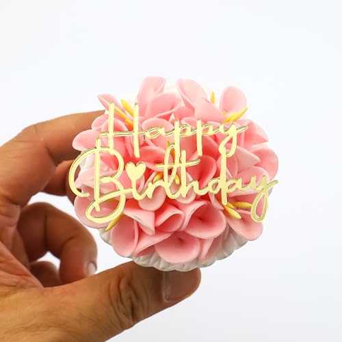 Gold Mirror Acrylic Happy Birthday Cupcake Toppers - 12 Pack, 2.63 x 1.57 in