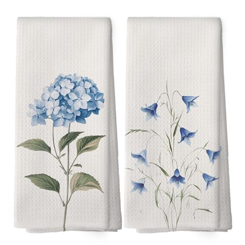 Blue Hydrangea Kitchen Towels Set of 2 - 16x24 Inches Floral Decor