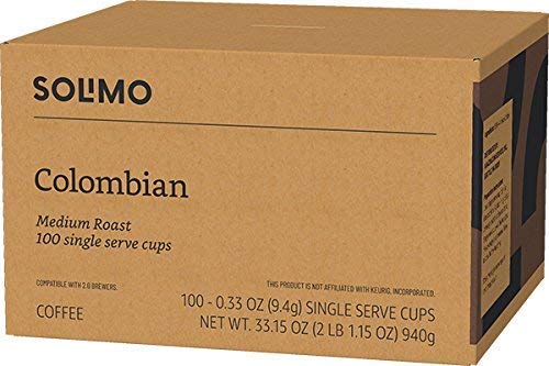 Solimo Colombian Medium Roast Coffee Pods - 100 Count, Compatible with Keurig 1.0 & 2.0