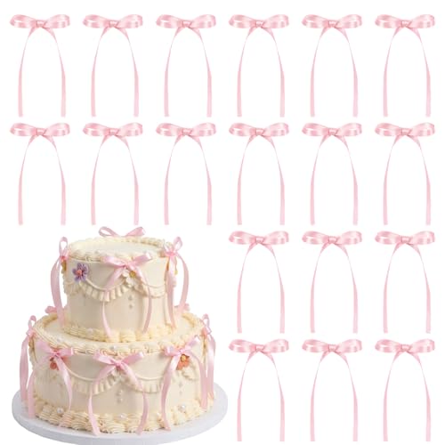 36 PCS Pink Bow Cake Toppers, Coquette Style Ribbon Cupcake Decorations