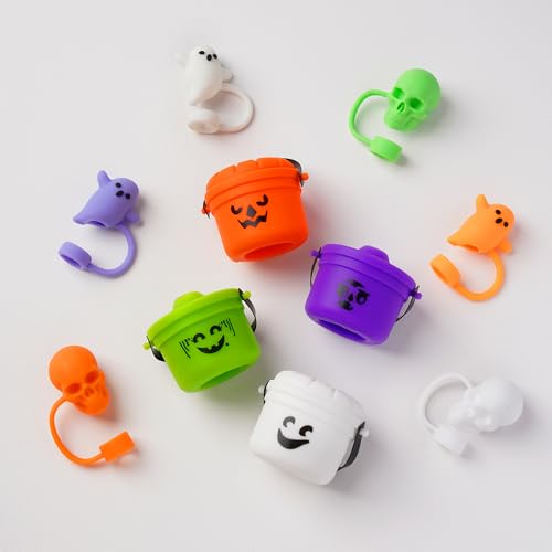 Cute Orange Halloween Bucket Straw Covers for Stanley Cup - Ghost & Skull Toppers for 30 & 40 OZ 10mm Straws