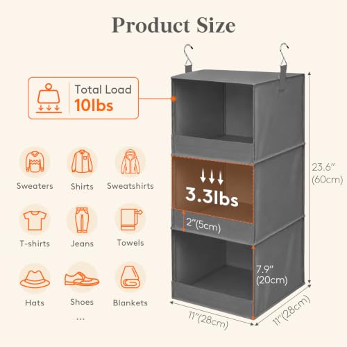 Lifewit 3-Tier Hanging Closet Organizer, Grey Foldable Storage Shelves