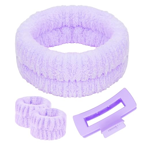 Purple Spa Headband and Wristbands Set for Face Washing