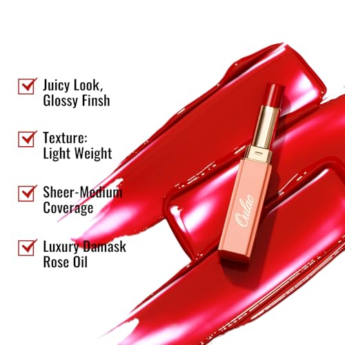 Oulac Bright Red Moisturizing Lipstick, Vegan Glass Shine Lip Tint