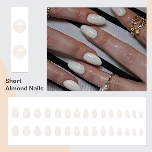 AddFavor Short Almond Press on Nails White Glossy Fake Nails Kit