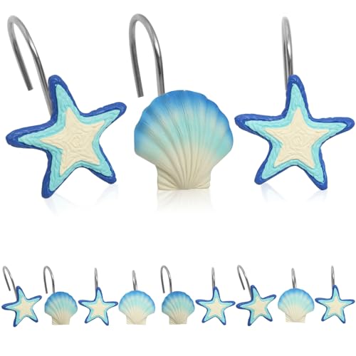 Blue & White Starfish Shower Curtain Hooks Set of 12