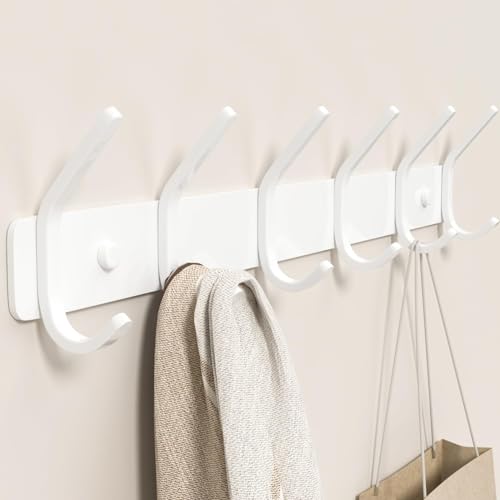 15-Inch Wall Mounted Coat Rack with 6 Hooks, White Metal Entryway Hanger