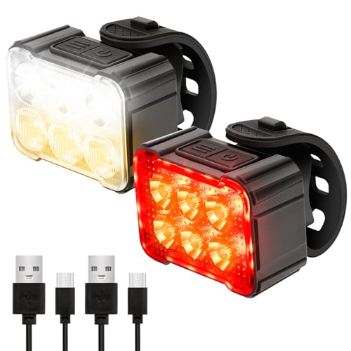 2 Pcs Bike Light,Bicycle Lights Front and Rear,USB Rechargeable Bike Light Set 6+12Modes,IPX4 Waterproof Bike Lights for Night Riding or Cycling,Taillights with Internal Spot and External Flood Light