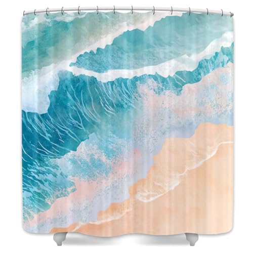 Grtuspr 72x72 Inch Waterproof Seascape Shower Curtain with 12 Hooks - Ocean Waves Beach Bathroom Decor