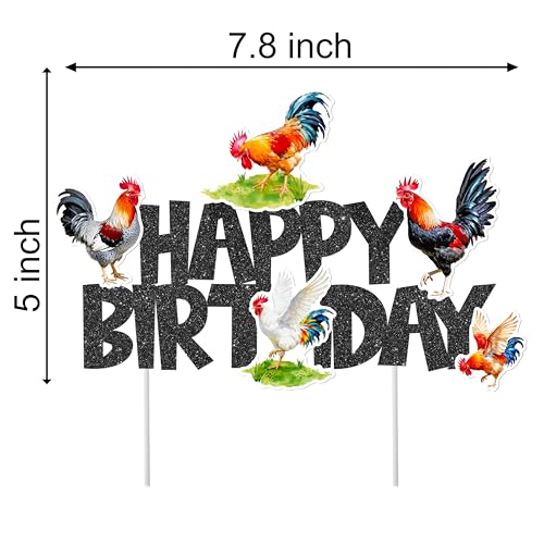Rooster Birthday Cake Topper with Black Glitter 'Happy Birthday'