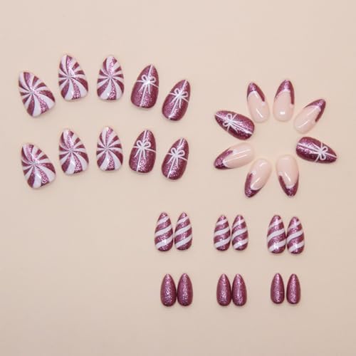 Christmas Press on Nails Medium Almond Fake Nails with Purple Glitter