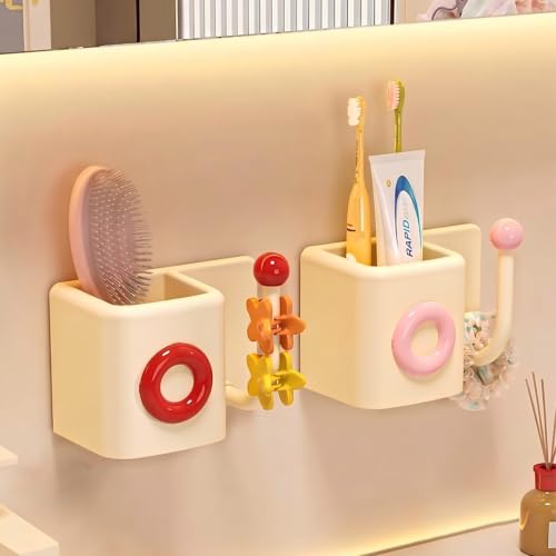 Cream Pink No Drill Toothbrush Holder - Wall Mount Bathroom Organizer