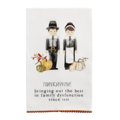 Mud Pie Thanksgiving Pilgrim Hand Towel, 100% Cotton with Pom Hem