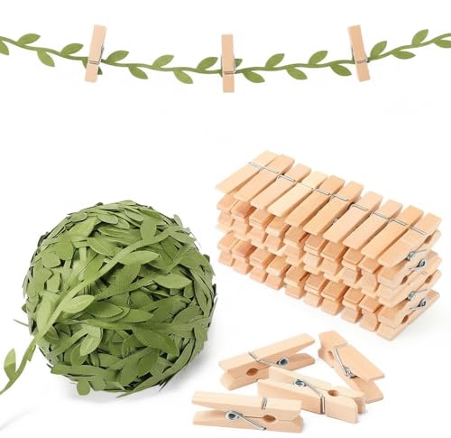 50 Pcs Mini Wooden Clothespins with Leaf Ribbon for Crafts