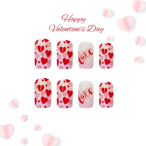 Red Love Heart Press on Nails Pink Ombre Square Fake Nails 24Pcs