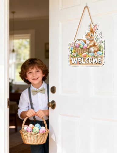 Easter Bunny Welcome Wooden Door Sign - Rustic Spring Decor