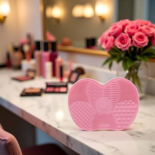 Pink Makeup Brush Cleaner Mat with Suction Cups Portable Scrubber Pad 6.1"x4.5"