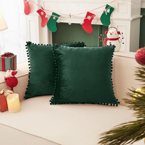 Deconovo Velvet Pom Pom Throw Pillow Covers - Dark Green, 16x16