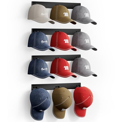 MISSLO Black Hat Rack for Wall - 4 Pack Baseball Cap Organizer