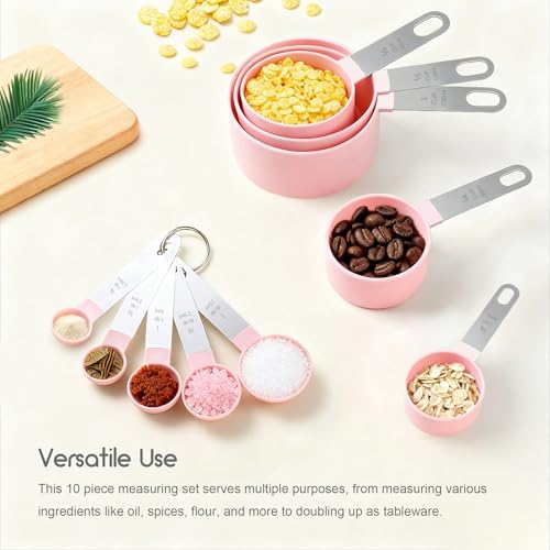10-Piece Measuring Cups and Spoons Set with Stainless Steel Handles (Pink)