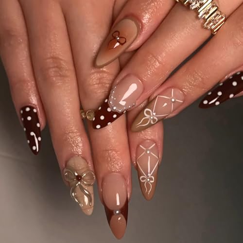 French Tip Press on Nails Medium Almond Brown Fake Nails with 3D Bows