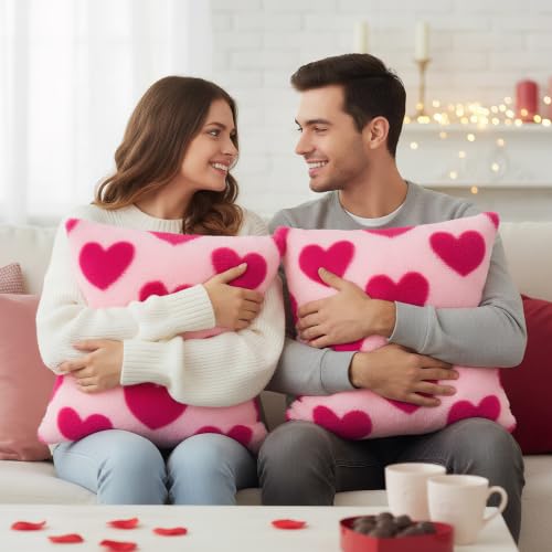 Tiggell Valentine Heart Throw Pillow Covers 18x18 Inch - Pink & Rose Red (2 Pack)
