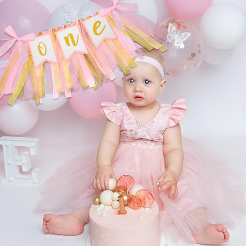 Pink High Chair Banner for 1st Birthday Girl - Tulle & Ribbon Decor