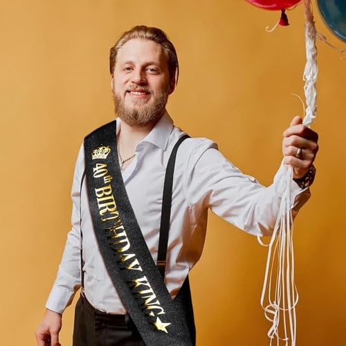 40th Birthday Sash for Men - Black Glitter King Sash with Gold Foil
