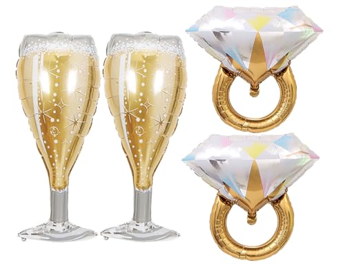 Bride Diamond Ring & Champagne Glass Foil Balloons Set - 4PCS