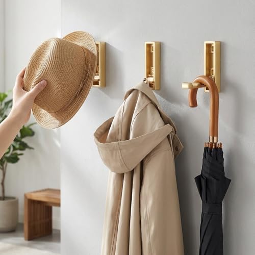4 Folding Coat Hooks - Gold Zinc Alloy Towel & Purse Hangers