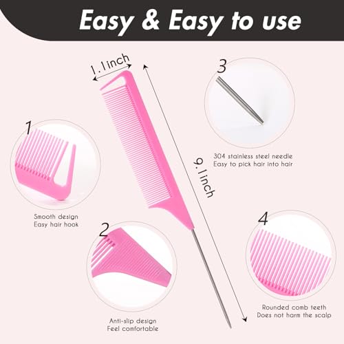 Fgail 6PCS Rat Tail Comb Metal Fine Tooth Parting Combs for Hair Styling