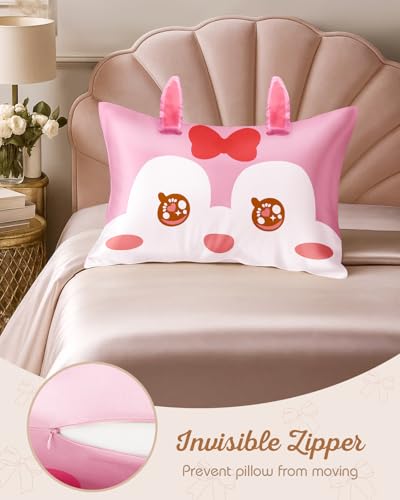 Miss Adola Cartoon Rabbit Silk Pillowcase for Kids - 20x26 Standard Size, Breathable & Soft, Hidden Zipper, Cute Kawaii Design for Teens & Girls