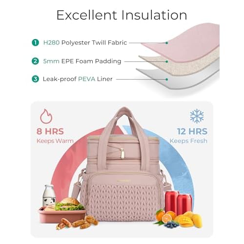 BAGSMART Insulated Lunch Box for Women, Double Deck Leakproof Cooler Bag with Expandable Design for Office Work & Outdoor Picnic