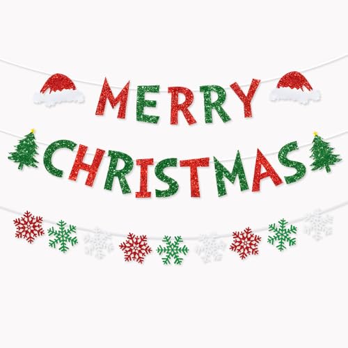Christmas Banner Set - Red and Green Glitter Snowflake Bunting for Indoor Holiday Decor