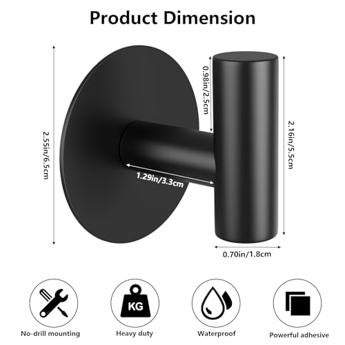 Heavy Duty Self-Adhesive Coat Hooks - Stainless Steel Wall Hooks (2 Pack, Black)