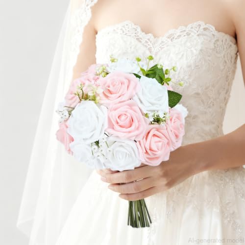 9 Pcs Pink Artificial Foam Roses with Stems for Wedding & Home Decor