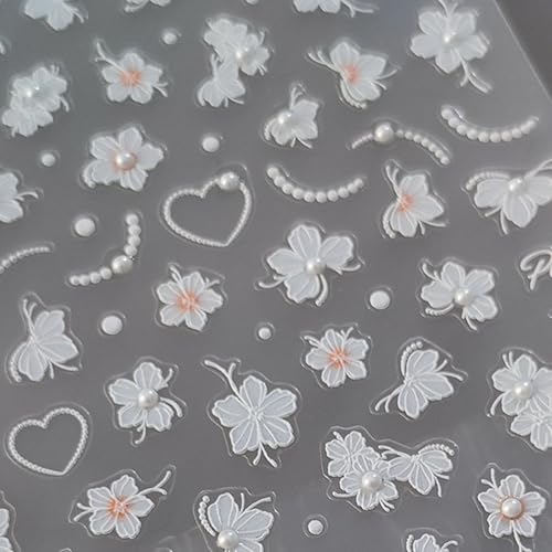 LYLYNB 5D White Flower Nail Stickers Embossed Floral Decals