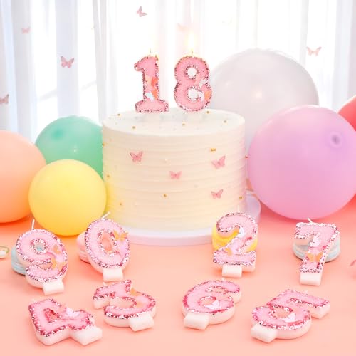 LASILE Pink Butterfly Number 1 Birthday Candle with Glitter Sequins, Cake Topper & Cupcake Decoration